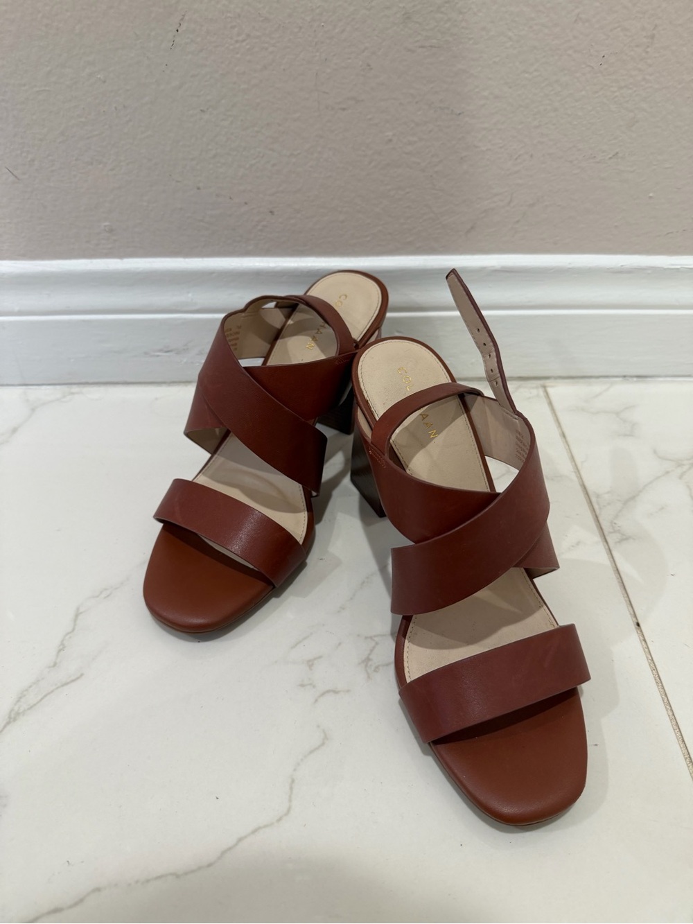 Cole Haan Brown Leather Crisscross Block Heel Sandals
